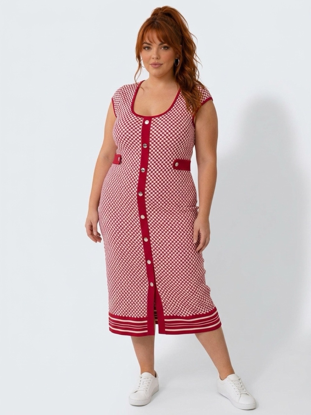 Michael Kors Red and White Geometric Knit Maxi Skirt